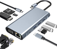 11-in-1 USB C Hub Docking Station, Type C Multiport Adapter with 4K HDMI@30Hz, VGA, USB 3.0 Ports, SD/Micro SD Card Reader, Gigabit Ethernet, USB-C Power Delivery for Laptop MacBook Pro Air Dell HP