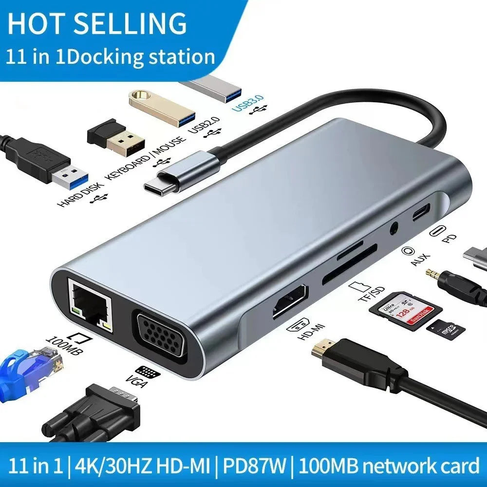11-in-1 USB C Hub Docking Station, Type C Multiport Adapter with 4K HDMI@30Hz, VGA, USB 3.0 Ports, SD/Micro SD Card Reader, Gigabit Ethernet, USB-C Power Delivery for Laptop MacBook Pro Air Dell HP